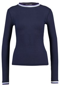 Marineblaue langärmlige Bluse mit runder Kragen, die ein mehrfarbiges Streifenakzent am Ausschnitt und an den Bündchen aufweist. Glatte Stoffoberfläche.