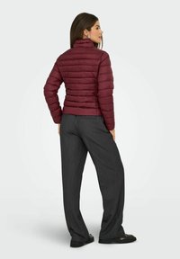 Giacca puffer bordeaux con colletto alto, texture trapuntata e design aderente. Indossata sopra pantaloni grigi scuri a gamba larga e scarpe nere.