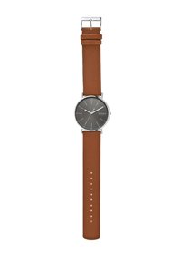 Bracelet de montre en cuir brun avec matériel en argent, cadran gris rond, repères horaires minimalistes et design épuré. Longueur ajustable pour un bon ajustement.