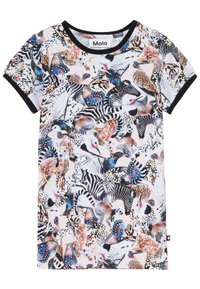 T-paita lyhythihaisena, valmistettu pehmeästä kankaasta, jossa on kirkas eläin- ja perhoskuvio eri väreissä vaalennatalla taustalla. Mustat yksityiskohdat.