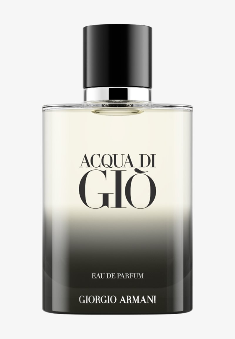 Parfümflasche mit transparentem bis dunkelgrauem Farbverlauf und schwarzem Verschluss, auf der Vorderseite mit der Aufschrift "Acqua di Giò Eau de Parfum Giorgio Armani".