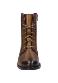 Braune Leder-Ankle-Boots mit runder Zehenpartie, Schnürdesign und einem seitlichen Reißverschluss. Sie verfügen über beige Schnürsenkel und eine glatte, polierte Oberfläche.