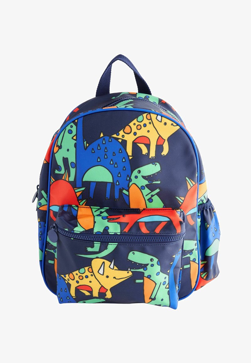Rucksack aus dunkelblauem Stoff mit bunten Dinosauriermustern in Orange, Grün und Gelb. Verfügt über eine vordere Reißverschlusstasche und einen oberen Griff.