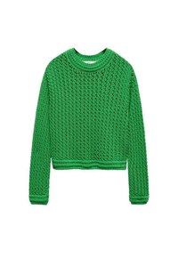 Grüner gestrickter Crop-Pullover mit einem strukturierten, offenen Webdesign. Er hat einen runden Halsausschnitt und lange Ärmel mit gerippten Bündchen und Saum.