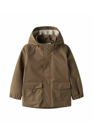 Brun hætteklædt børnejakke med forlommer med klap og elastiske manchetter, vist mod en hvid baggrund.