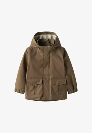 Jachetă maro cu glugă pentru copii, cu buzunare aplicate în față și manșete elastice, prezentată pe un fundal alb.