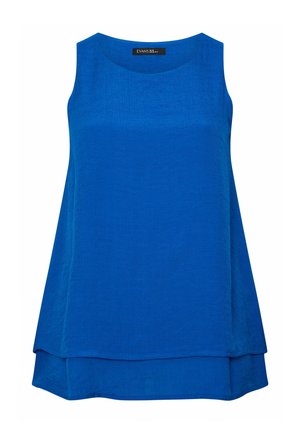 Ärmellose, kobaltblaue Bluse mit Lagenoptik, rundem Halsausschnitt, weiter Passform und sichtbarer Stoffstruktur, mit Evans Größe 18 gekennzeichnet.