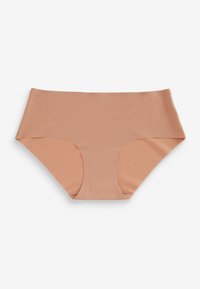 Nude hooggeplaatste slips met een gladde textuur, voorzien van een naadloos ontwerp en volledige dekking, gemaakt van rekbare stof.