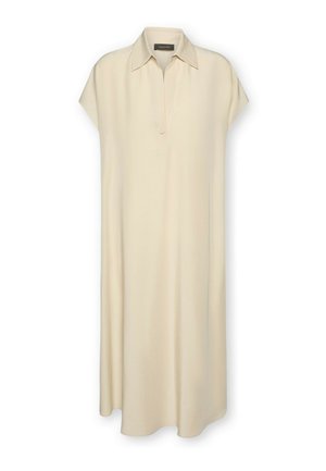 Beige, løstsiddende midi-kjole med korte ærmer, spids krave og en enkelt knaplukning.