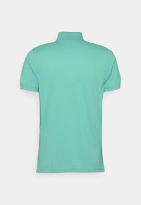 Turkos kortärmad pikétröja sedd från baksidan med en ribbad krage och minimal sömnadsdetalj.