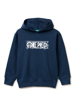 Granatowa bluza z kapturem z białym logo „One Piece”, przedstawiającym czaszkę w kapeluszu słomkowym i wzorem liny na piersi.