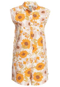 Vestido sin mangas de flores con girasoles y flores pequeñas en naranja, rosa y verde sobre un fondo crema; con botones en la parte delantera.