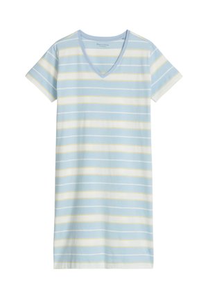 Vestito a maniche corte con scollo a V, con righe orizzontali in tonalità pastello di azzurro, bianco e giallo, lunghezza al ginocchio e tessuto leggero.