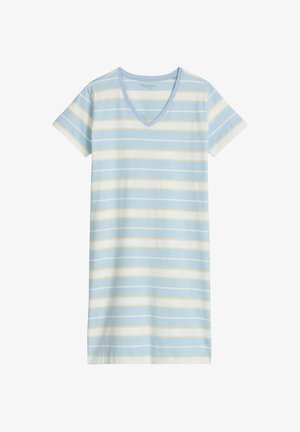 Vestito a maniche corte con scollo a V, con righe orizzontali in tonalità pastello di azzurro, bianco e giallo, lunghezza al ginocchio e tessuto leggero.