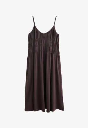 Rochie midi fără mâneci, de culoare maro închis, cu bretele subțiri și detalii adunate la nivelul pieptului și taliei.