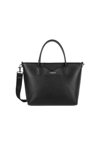 Borsa a tracolla in pelle nera con finitura texturizzata, doppie maniglie superiori e una tracolla rimovibile. Presenta una placca con logo sul davanti.