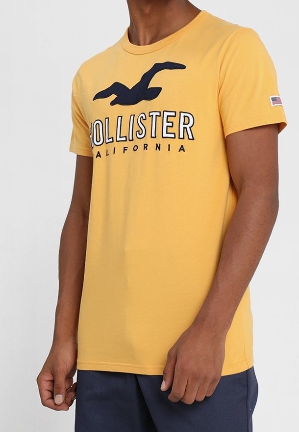 Žluté bavlněné tričko s námořnickomodrou verzí loga "Hollister California" a designem racka. Obsahuje malou akcentaci americké vlajky na rukávu.