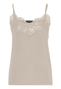 Beige kauluspaita säädettävillä olkaimilla, jossa on monimutkaista pitsikoristelua kauluksessa ja pehmeä, sileä kankaan rakenne.