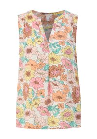 Blouse légère sans manches avec un décolleté en V, présentant un motif floral multicolore en rose, orange, jaune et vert sur un fond crème.