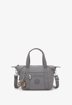 Grau nylon Handtasche mit zwei kurzen Griffen, verstellbarem Schultergurt, mit Reißverschluss versehenem Hauptfach und dekorativem Plüschaffe-Schlüsselanhänger.