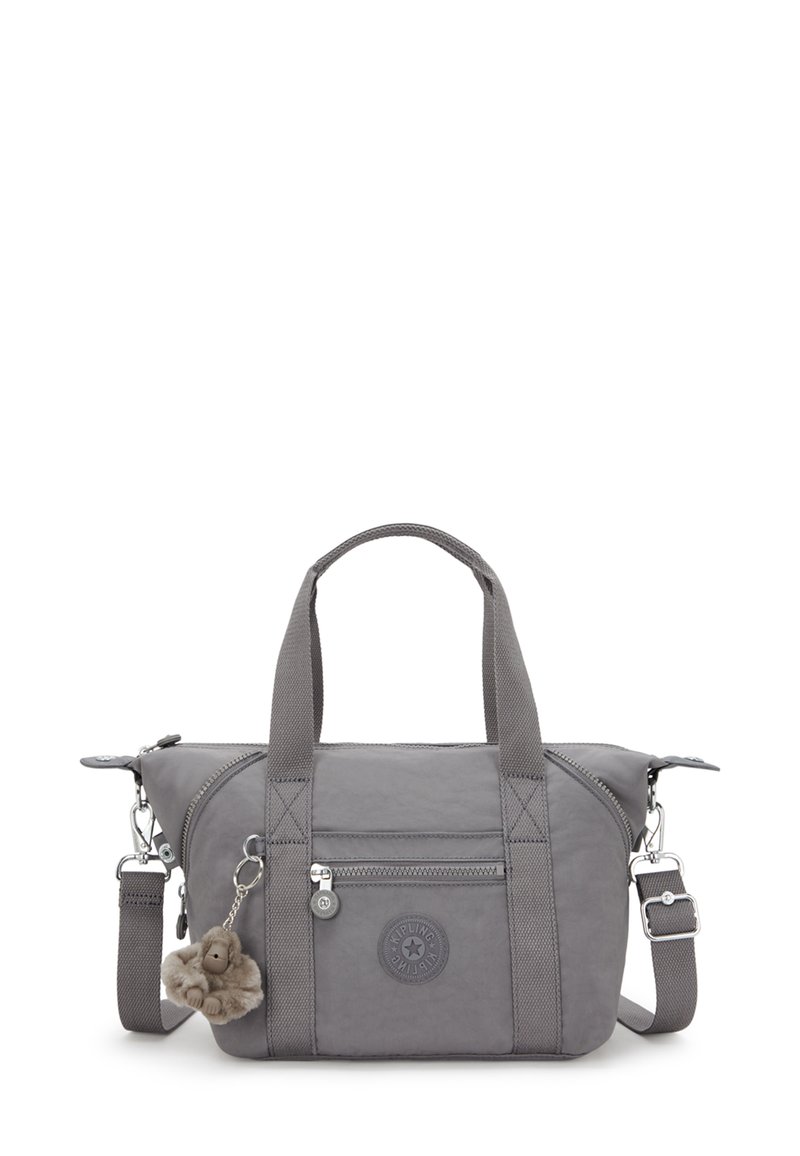 Grau nylon Handtasche mit zwei kurzen Griffen, verstellbarem Schultergurt, mit Reißverschluss versehenem Hauptfach und dekorativem Plüschaffe-Schlüsselanhänger.