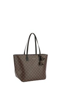 Sac fourre-tout brun avec motif de logo, doté de deux pompons bruns, de doubles poignées et d'une forme structurée, fabriqué en matériau synthétique.