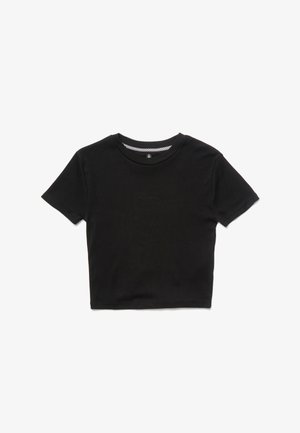 T-shirt court noir à manches courtes avec col rond et logo "Volcom" brodé subtilement au centre devant.