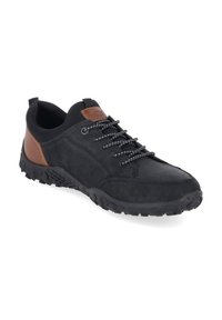 Chaussure de randonnée basse noire et marron avec semelle texturée, bout arrondi et fermeture à lacets avec lacets noirs et blancs à motifs.