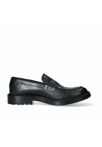 Scarpa nera in pelle senza lacci con punta arrotondata, banda elastica, tomaia texturizzata e suola spessa con battistrada a motivo.
