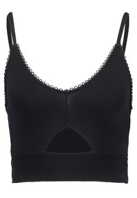 Bralette noir avec bretelles réglables, encolure triangulaire et découpe frontale. Confectionné dans un tissu lisse à texture subtile.