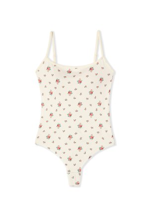 Kremowe prążkowane body z cienkimi regulowanymi ramiączkami i małym czerwonym kwiatowym wzorem na całej powierzchni.