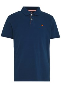 Polo navy en coton, doté d'un col à trois boutons et d'un logo orange brodé sur la poitrine gauche. Manches courtes.
