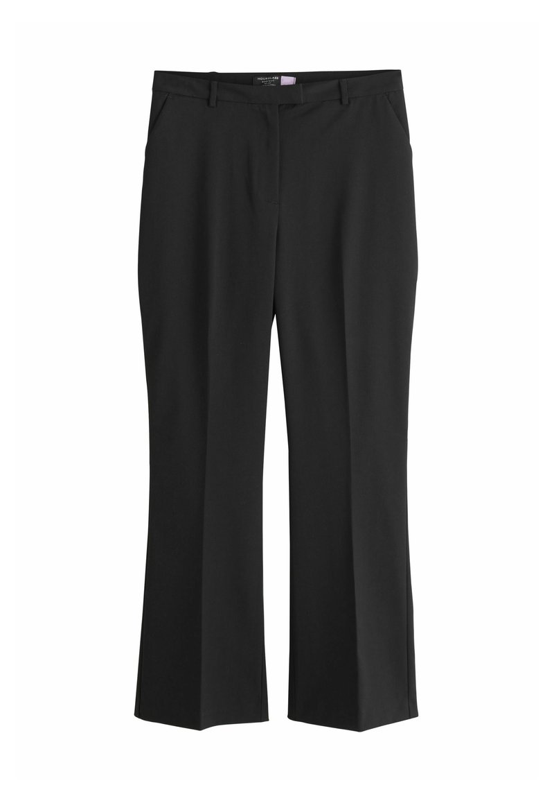 Schwarze Hose im geraden Bein-Design aus glattem Stoff. Verfügt über vordere Taschen und einen Standardbund mit Gürtelschlaufen.