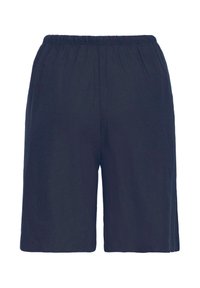 Tumsas zils šorti ar elastīgu jostasvietu, taisnu griezumu un garumu līdz ceļiem.