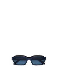 Occhiali da sole rettangolari navy con montatura spessa, dotati di lenti scure e una leggera curvatura sulla parte superiore, etichettati "RETROSUPERFUTURE."