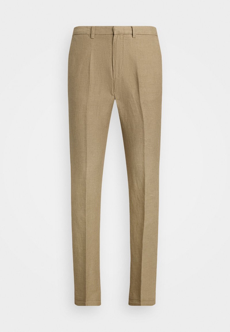 Beige chinos med en strukturert stoff, med flat front, standard liv, og innsnørede ben, designet med frontlommer og en ren finish.