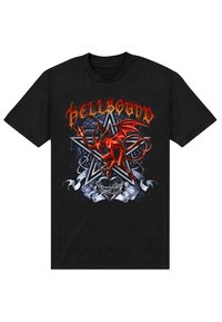 Černé bavlněné tričko s červeným a šedým grafickým designem ďábla na hvězdě, se slovem "HELLBOUND" v stylizovaném oranžovém písmu nahoře.