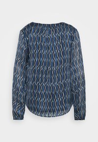 Blusa blu con motivo a foglie, maniche lunghe, realizzata in materiale trasparente e con scollatura arricciata, in diverse tonalità di blu, dal più scuro al più chiaro.