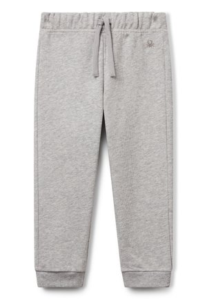 Pantalon de survêtement gris clair avec ceinture élastique, cordon, poignets côtelés et petit logo brodé sur la hanche droite.