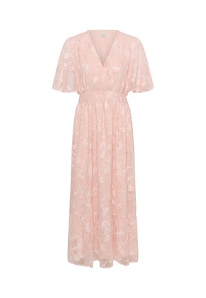 Robe maxi rose clair à motif floral, col en V, manches courtes volantées, taille cintrée et jupe fluide.