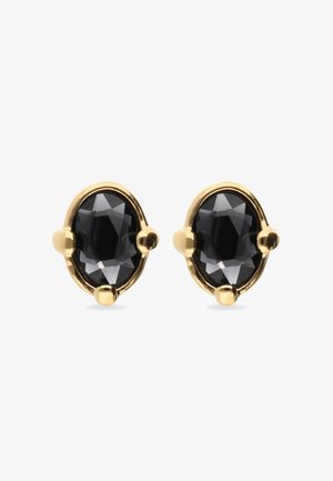 Pendientes en tono dorado con piedras preciosas negras facetadas en forma ovalada. Cada piedra está engastada con detalles redondeados en los bordes para mayor detalle y diseño.