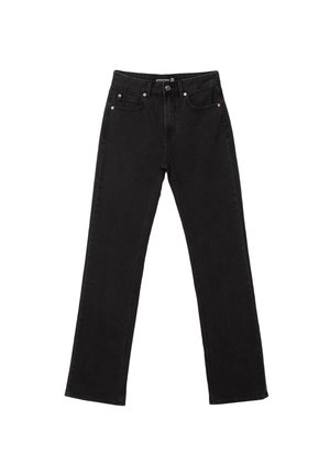 Jean en denim noir avec une coupe droite, doté d'une taille mi-haute, de cinq poches et de rivets en cuivre pour des accents.