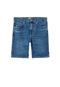 Shorts en denim bleu moyen, avec une coupe droite, cinq poches et une taille avec passants de ceinture. Couture classique et minimalisme de l'usure.