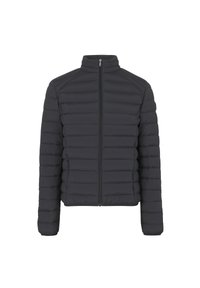 Chaqueta de plumas negra con un collar alto, cremallera de longitud completa y costuras horizontales. Cuenta con dos bolsillos laterales y puños elásticos.