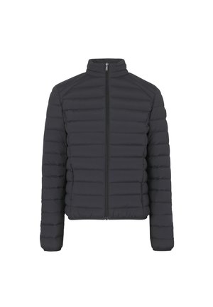 Chaqueta de plumas negra con un collar alto, cremallera de longitud completa y costuras horizontales. Cuenta con dos bolsillos laterales y puños elásticos.