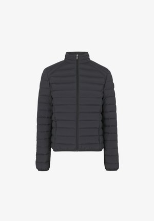 Veste en duvet noire avec un col haut, fermeture éclair sur toute la longueur et coutures horizontales. Dispose de deux poches latérales et de poignets élastiques.