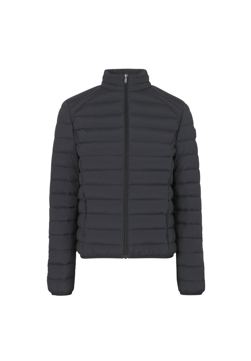 Chaqueta de plumas negra con un collar alto, cremallera de longitud completa y costuras horizontales. Cuenta con dos bolsillos laterales y puños elásticos.
