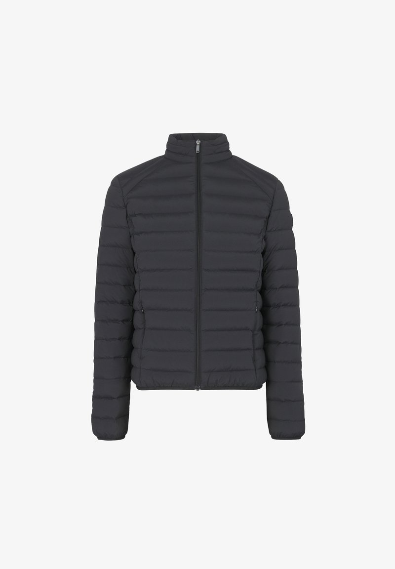 Schwarze Daunenjacke mit hohem Kragen, durchgehendem Reißverschluss und horizontaler Steppung. Verfügt über zwei Seitentaschen und elastische Bündchen.