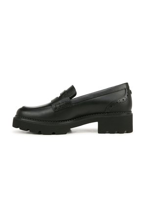 Schwarze Lederloafers mit einem niedrigen Blockabsatz, runder Spitze, dekorativer Stichung und strukturiertem Sohle für besseren Halt.