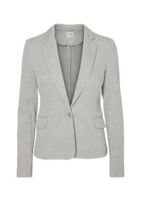 Světlý šedý blazer vyrobený z měkké a pružné tkaniny. Má klopový límec, zapínání na jeden knoflík a dvě přední kapsy. Přiléhavý střih.